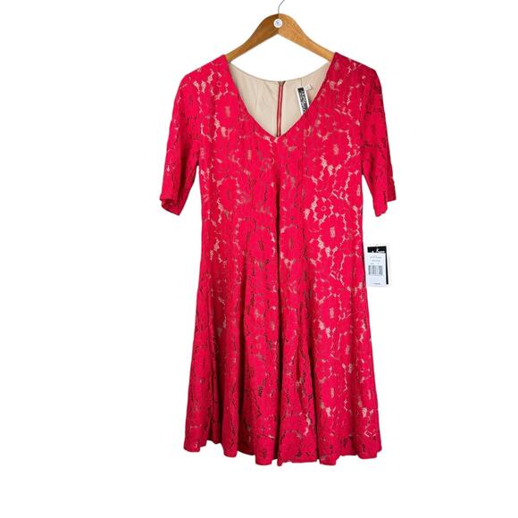 Julian Taylor NWT Red Floral Lace Sheer Nude Lining V-neck Trapeze Party Dress - Picture 9 of 14